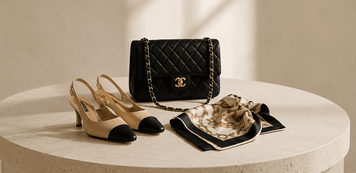 Quilted luxury handbag with slingback heels and a silk scarf on a stone pedestal