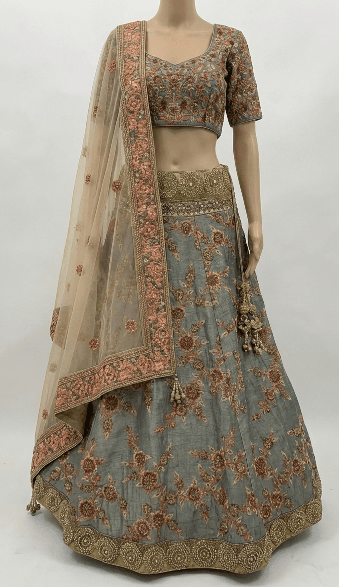 No Brand-Grey Embroidered Lehenga